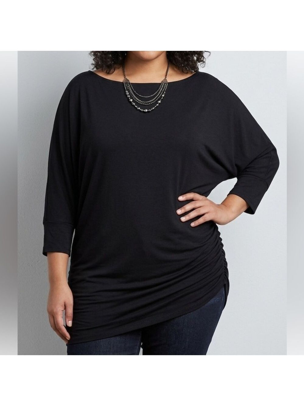 KIM & CAMI Black Long Sleeve Ruched Top Boat Neck 1X